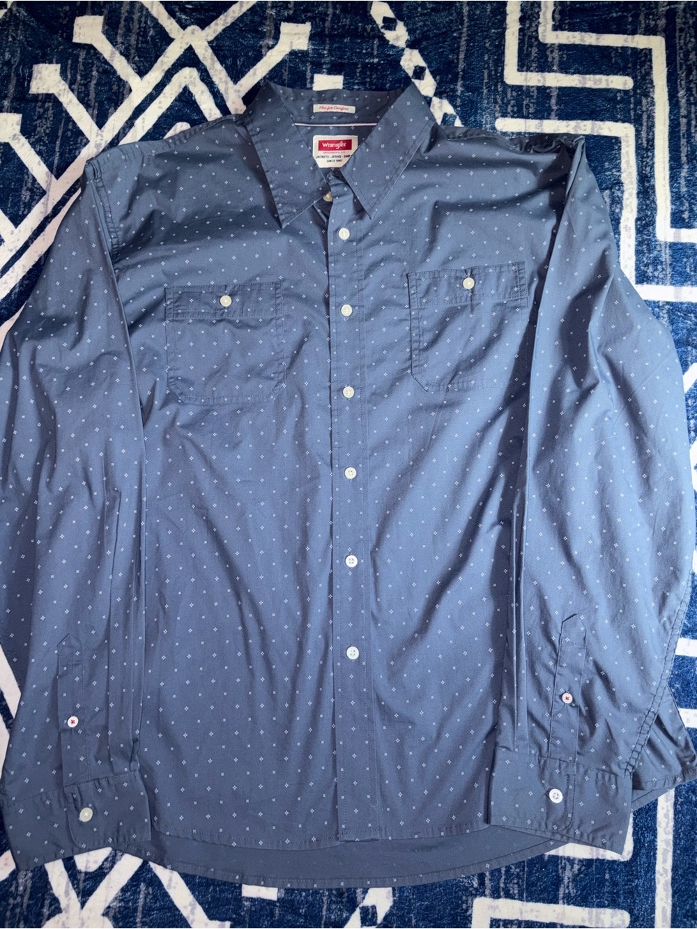 Wrangler Men's Blue Long Sleeve Button-Up with Micro Dot Print